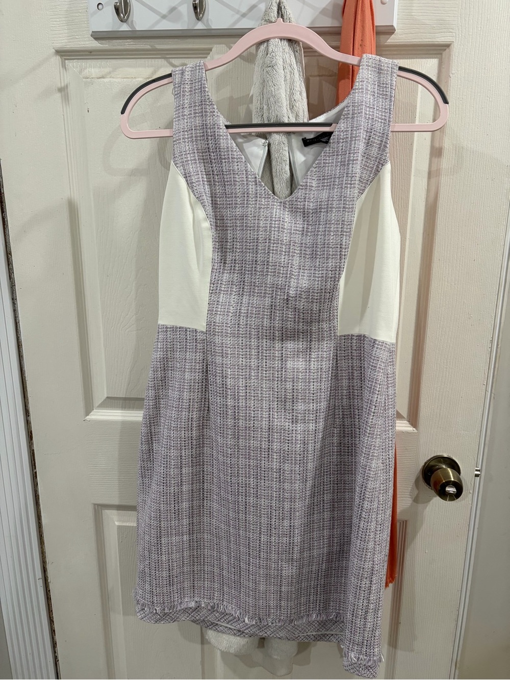 White House Black Market Lavender Tweed Midi Dress with Cream Panels